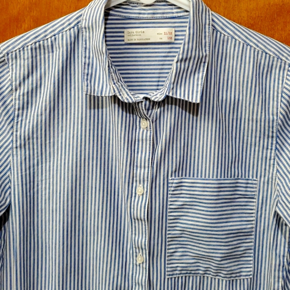 Zara Girls blue and white striped button down top - Picture 3 of 8